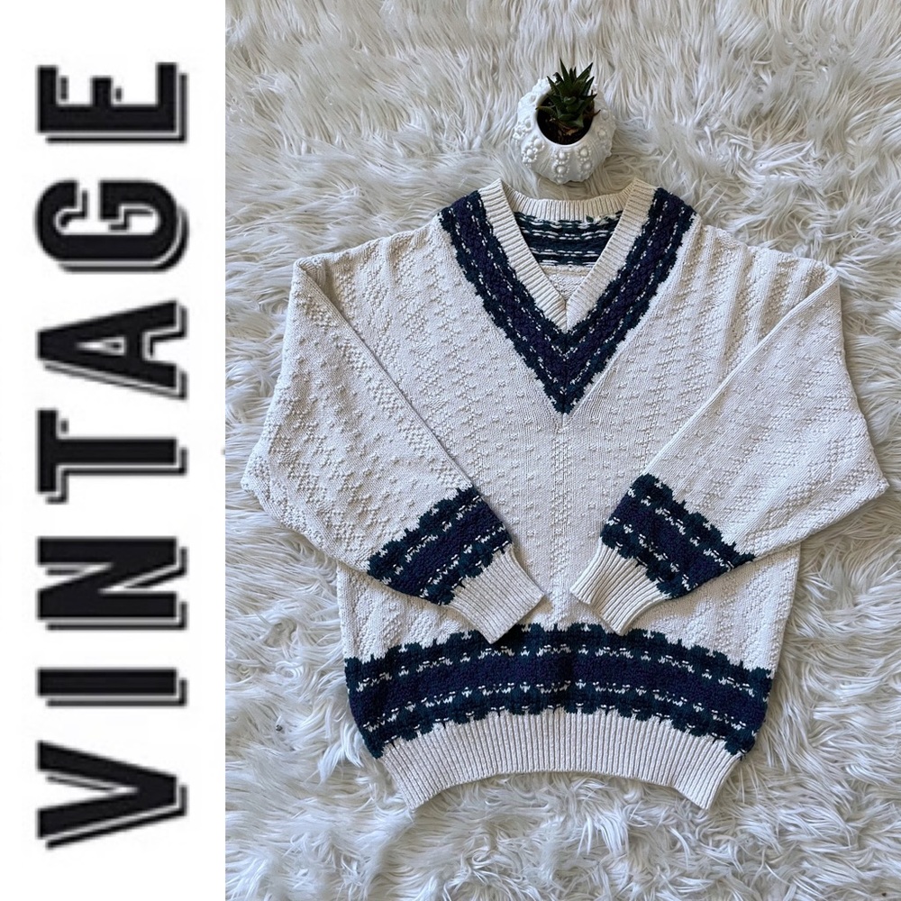 Vintage 1990s cotton knit v-neck sweater, white w/ purple & teal trim, M